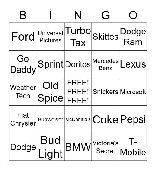 2015 Super Bowl Commercial  Bingo Card