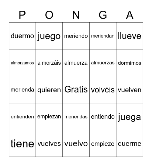 Stem-Changing Verbs Bingo Card