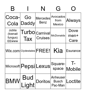 Superbowl Commercials Bingo Card