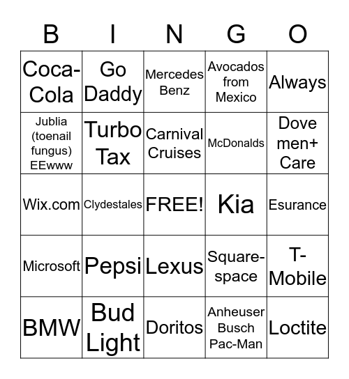 Superbowl Commercials Bingo Card