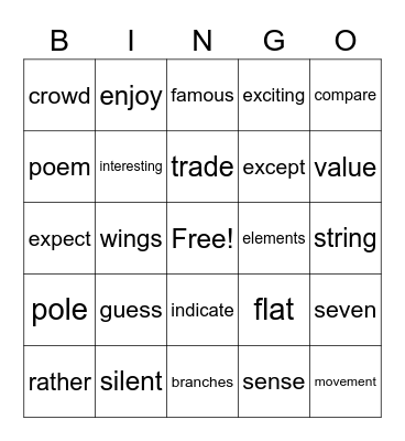 Fourth Grade List 2 Bingo Card