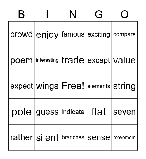 Fourth Grade List 2 Bingo Card