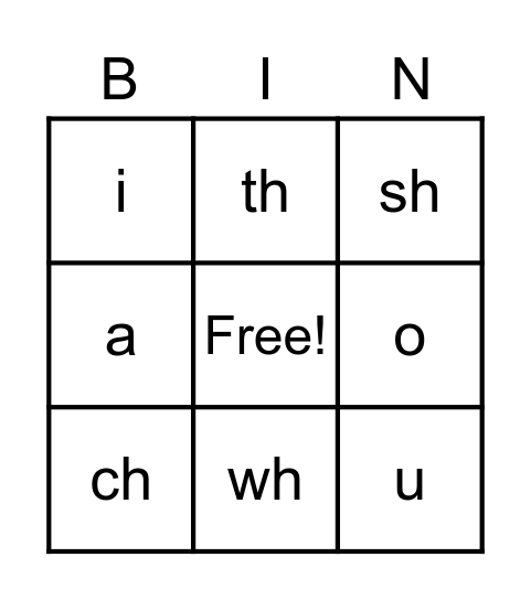 Digraphs/Short Vowels Bingo Card