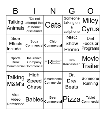 True North Super Bowl Commercial Contest Bingo Card