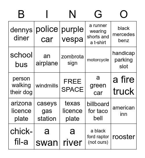 CAR BINGO Card