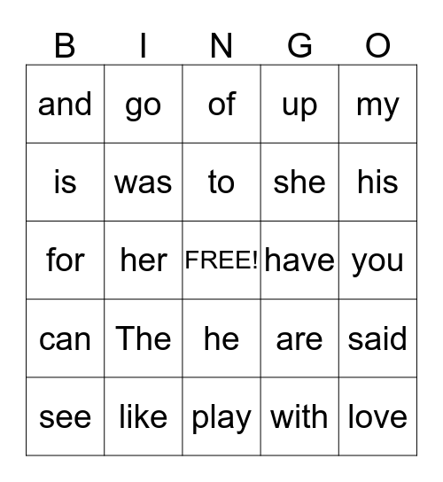 Sight Word Bingo Card