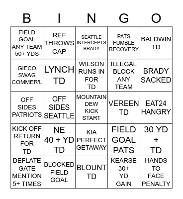 SUPERBOWL XLIX ~ CHEATS VS. HAWKS Bingo Card