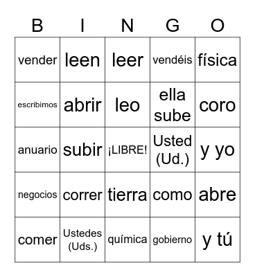 SPANISH 1 Bingo Card