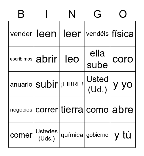 SPANISH 1 Bingo Card