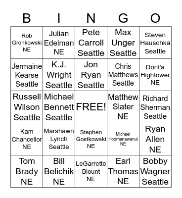 SUPER BOWL 2015 BINGO Card