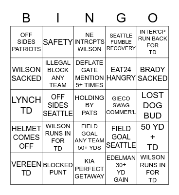 SUPERBOWL XLIX ~ CHEATS VS. HAWKS Bingo Card