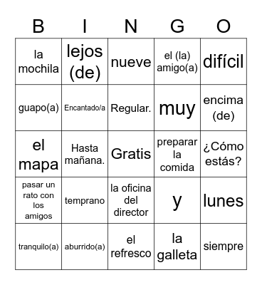 Spanish I Review Bingo Card