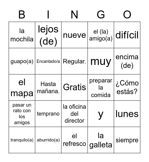 Spanish I Review Bingo Card