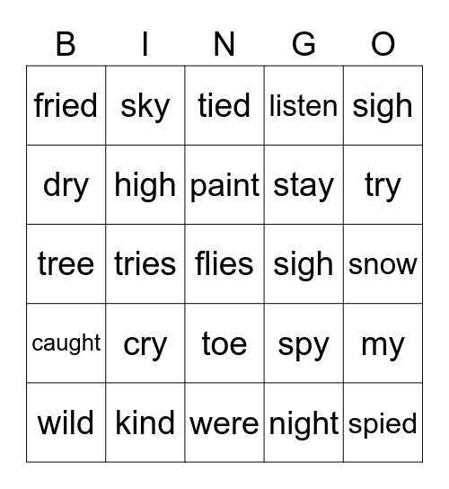 Unit 4.4 Long I; i, y, igh, ie Bingo Card