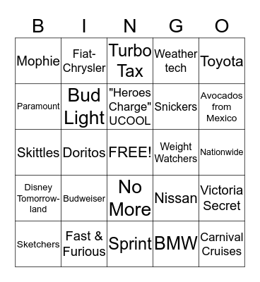 Superbowl Commercials Bingo Card