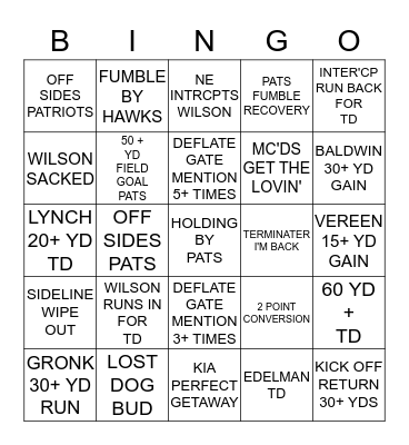 SUPERBOWL XLIX ~ CHEATS VS. HAWKS Bingo Card