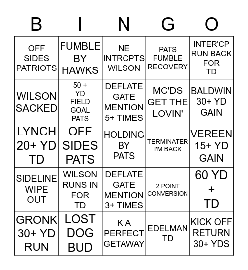 SUPERBOWL XLIX ~ CHEATS VS. HAWKS Bingo Card