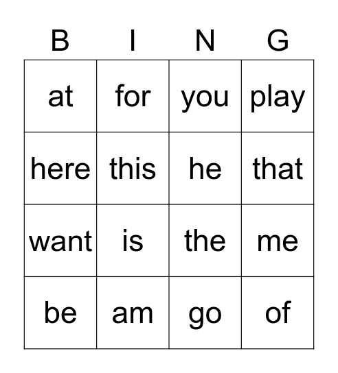 K Sight Word Bingo Card