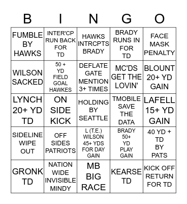 SUPERBOWL XLIX ~ CHEATS VS. HAWKS Bingo Card