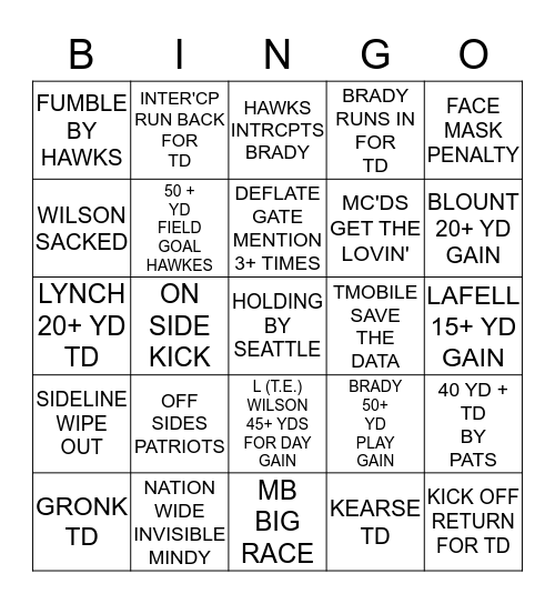 SUPERBOWL XLIX ~ CHEATS VS. HAWKS Bingo Card