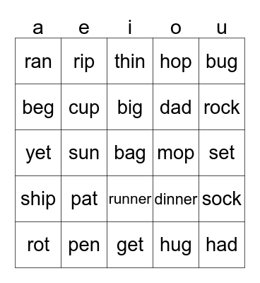 Words With Short Vowel Sounds Bingo Card