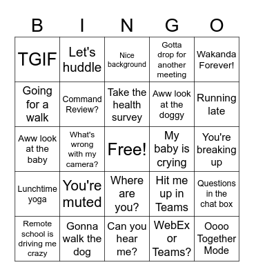 Remote Work Bingo Card