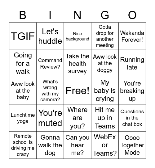 Remote Work Bingo Card
