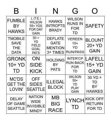 SUPERBOWL XLIX ~ CHEATS VS. HAWKS Bingo Card