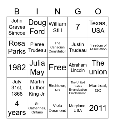 Slavery and Rights Bingo Card