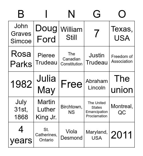 Slavery and Rights Bingo Card