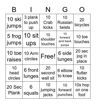 Exercise Bingo 1 Bingo Card