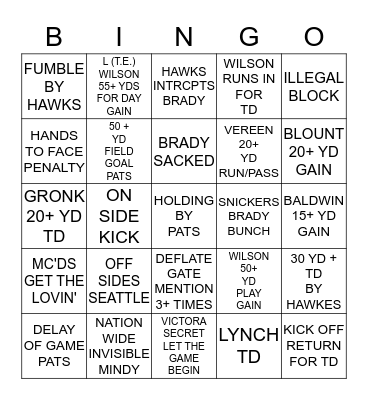 SUPERBOWL XLIX ~ CHEATS VS. HAWKS Bingo Card