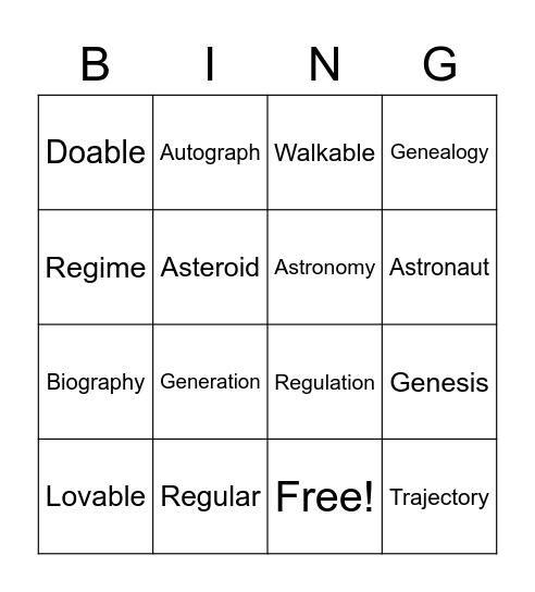 Roots Bingo Card
