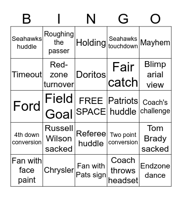 SUPERBOWL XLIX Bingo Card