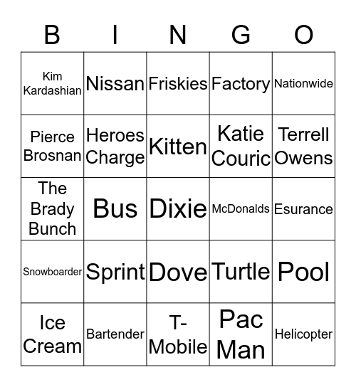 SUPERBOWL XLIX COMMERCIAL BINGO Card