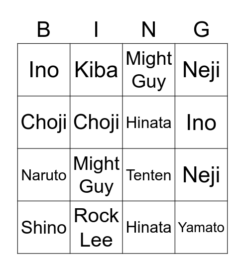 Naruto teams bingo Card