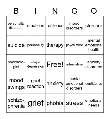 Mental/Emotional Health Bingo Card