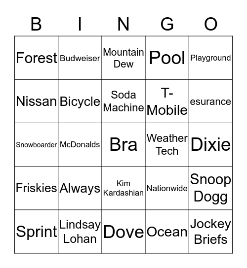 SUPERBOWL XLIX COMMERCIAL BINGO Card