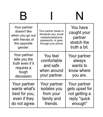 Red, yellow, and green flags in a relationship Bingo Card