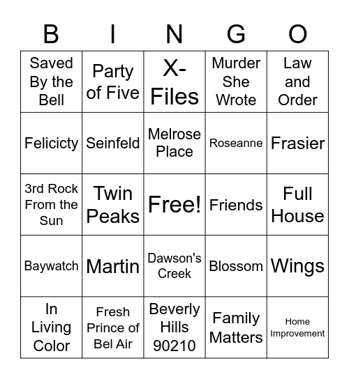 1990's TV Theme Songs (30+ LifeGroup) Bingo Card