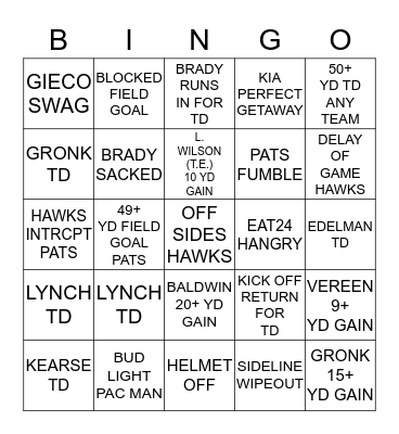 SUPERBOWL XLIX ~ CHEATERS VS. HAWKS Bingo Card