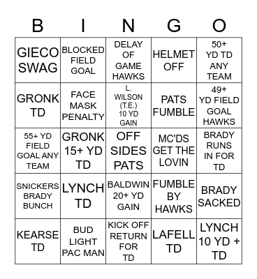 SUPERBOWL XLIX ~ CHEATERS VS. HAWKS Bingo Card