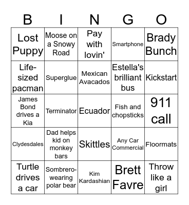 Superbowl Commerical Bingo Card