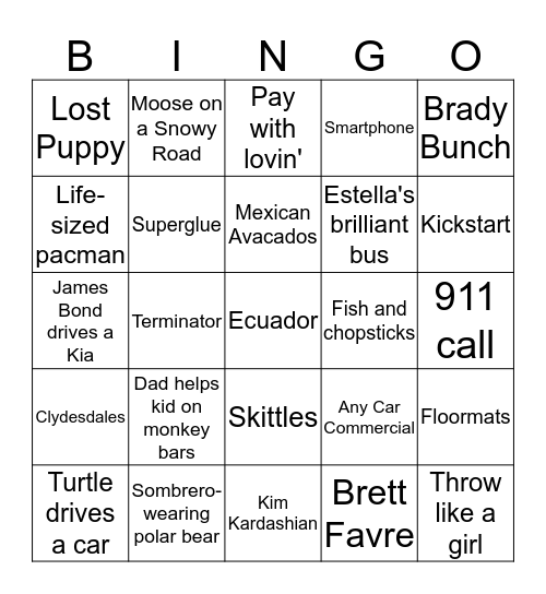 Superbowl Commerical Bingo Card