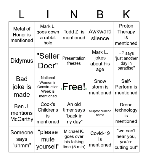 Linbeck Annual Meeting Bingo Card