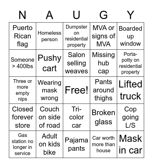 NAUGY Bingo Card