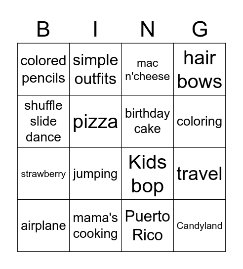 Mysabel 15th birthday Bingo Card