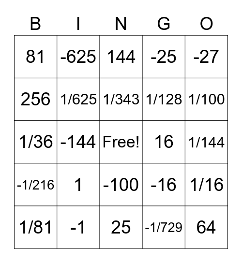 Integer Exponent Bingo Card