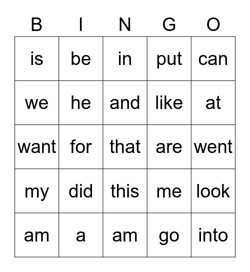 K Sight Words Bingo Card