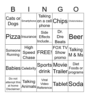 Super Bowl Commercial Bingo! Bingo Card